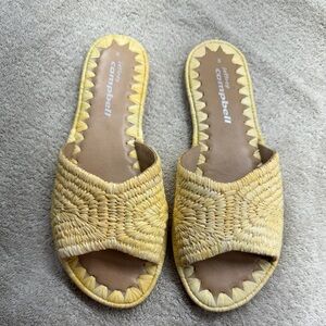 JEFFREY CAMPBELL Dane Raffia Slide Sandal Natural/ Yellow Leather Beach